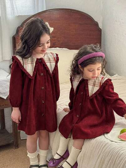 LMoss Kids 女童纯色拼接碎花娃娃领休闲连衣裙