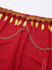 Fantasy Costume Conjunto de lencería sexy de talla grande para el Día de San Valentín, conjunto de 3 piezas con falda con abertura, decoración de flecos y cadena de malla