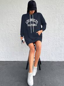 Cottnline Cotton Letter Graphic Kangaroo Pocket Drop Shoulder Drawstring Hooded Sweatshirt Dress - Navy Blue - View 5