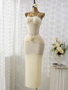 Bonvoyette 一件女士优雅性感浪漫度假连衣裙，海星金属装饰抹胸上衣，杏色，适合海滩/约会/海边穿着 - 杏色 - 查看 5