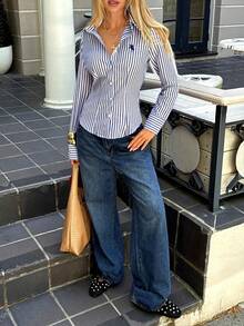 SHEIN EZwear Women's New Embroidery Decor Striped Slim Fit Long Sleeve Shirt - Blue and White - View 5