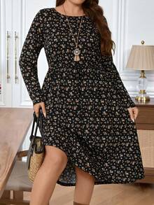 EMERY ROSE Sukienka damska w dużym rozmiarze, wiosna/lato, z nadrukiem kwiatowym, okrągłym dekoltem i długim rękawem