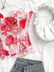 Soleia Top corset bustiê sexy com ombros à mostra, em renda dupla camada, body romântico com bordado floral vazado, ideal para férias, saídas à noite, casamentos e outono. - Multicolorido - Ver 4