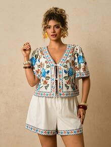 Travachic 大码女式碎花两件套，前系蝴蝶结上衣搭配宽松短裤，浪漫春日旅行约会装扮 - 彩色 - 查看 6