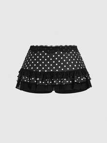 ROMWE Grunge Punk Chân váy ngắn cạp thấp xếp tầng ren nhiều lớp in chấm bi gợi cảm, kiểu dáng cổ điển, có nơ thắt, thích hợp cho nữ dự tiệc mùa xuân, hòa nhạc, lễ hội hoặc ngày Valentine. - Đen và trắng - Xem 2