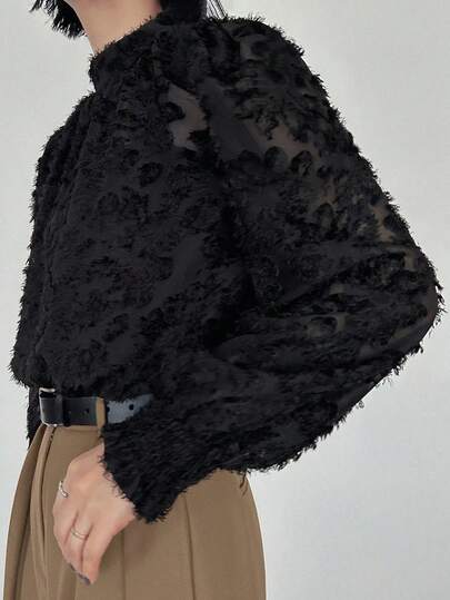 FRIFUL 女士纯色立领长袖透视网纱面料休闲宽松百搭衬衫，秋冬款