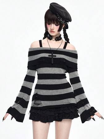 Goth Fashionable Dark Punk Distressed Design Waist Cinched Off-Shoulder Crew Neck Black & Grey Striped Sweater