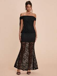 SHEIN BAE Black Sexy One-Shoulder Ruffle Lace Patchwork Fishtail Bodycon Elegant Dress, Black Dress, Valentine's Day Date Dress, Bridesmaid Mini Dress, Elegant Dress, Valentine's Day - Black - View 5