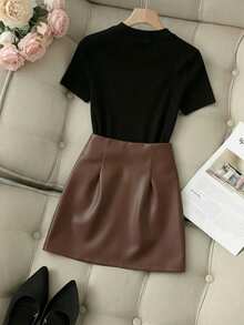 SHEIN Franclia French Retro Style, Solid Black Knitted T-Shirt With Round Neck And Fitted Design, Paired With A PU Leather Pleated Short Skirt With A Slit. New Women's Two-Piece Set: Black Top And Brown Leather Skirt; Or A Knitted Stretch Black T-Shirt Paired With A Maillard PU Skirt Set.Summer ,Summer Holiday Outfits,Spring, Spring Outfit Women, Valentine's Day,Valentines Day Outfit,Carnival,Carnival Women,Beach,Wedding,Birthday,Birthday Dress,Gym,Going Out, Elegant,Vacation,Casual,Y2k,Graduation Season Attire, Fashionable Casual Commuter Wear, Business Office Wear, Versatile And Stylish Everyday Casual Wear, Urban Teacher's Professional Attire - Multicolor - View 2
