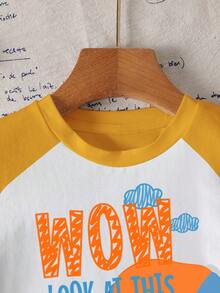 Blippi X SHEIN Áo thun tay raglan phối màu hoạt hình dễ thương, kiểu dáng thường ngày cho bé trai, thích hợp mặc mùa hè. - trắng - Xem 5