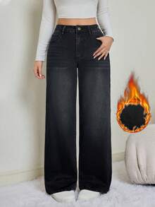 SHEIN Tall 秋冬女款休閒口袋直筒牛仔褲，保暖內裡，低腰黑色牛仔褲，適合高個女性 - 黑色 - 查看 4