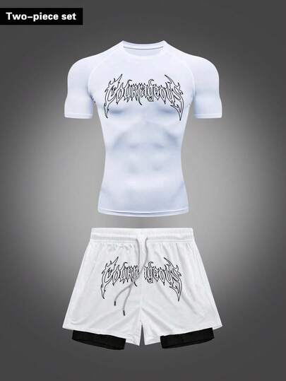 Manfinity Sport Corelite 男士字母印花圆领短袖上衣和抽绳腰短裤休闲日常户外运动套装男士短裤套装健身衬衫套装