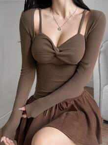 DAZY Women's Solid Color Minimalist 2 In 1 Tight Fit T-Shirt Y2k Spring - Brown - View 1