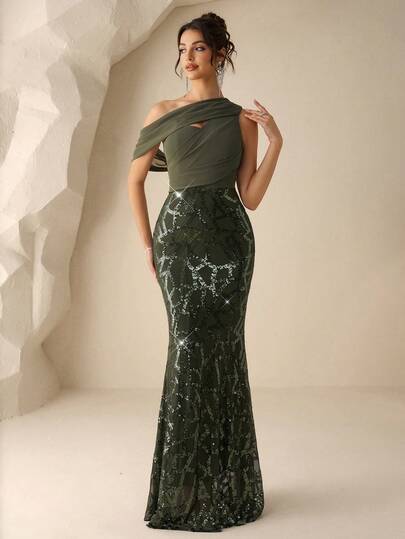 Coutiva Women's Asymmetrical Shoulder High-End Evening Gown, Elegant Shiny Formal Dress