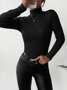 EURMUSE Women's Solid Color Turtleneck Sweater - Black - View 3