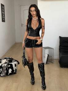 Coolane Women's Spring/Summer Concert Y2K Streetwear Casual Rave Fashionable Sexy Black Backless Halter Tight Top - Black - View 4