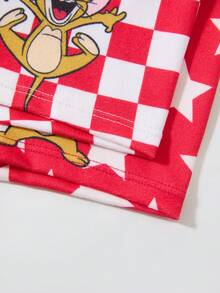 TOM & JERRY X SHEIN Tween Boy Soft Checkered Cartoon Pattern Trunks - Red and White - View 6
