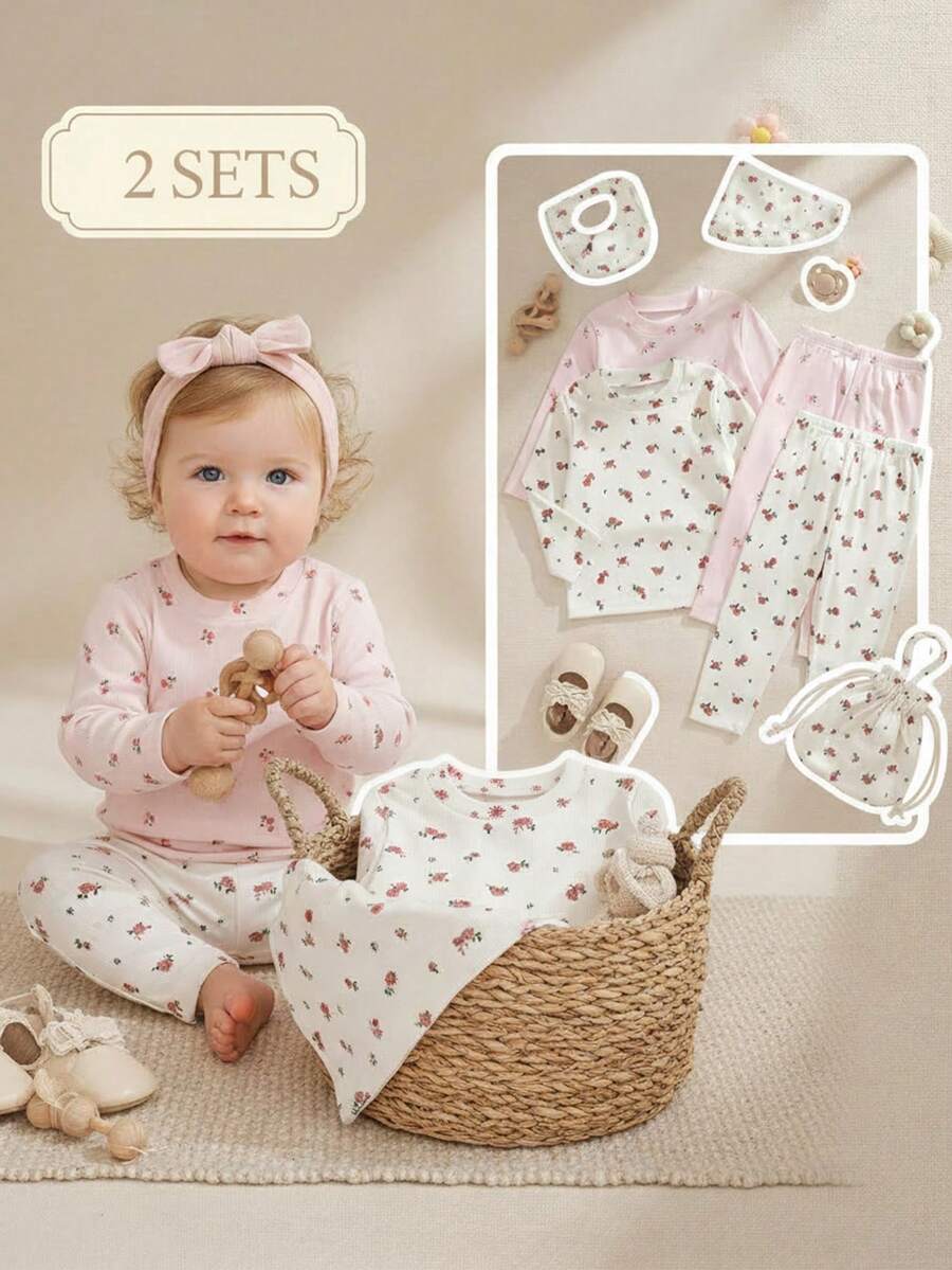 SHEIN 2pcs/Set Vintage French Style Ditsy Floral Long Sleeve T-Shirt Set, Suitable For Home, Outdoor And Multiple Occasions, Girls - Multicolor - View 1