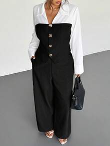 Firerie Bộ đồ hai mảnh gồm áo sơ mi và quần ống đứng dáng rộng màu mơ nhạt, kiểu dáng giản dị nhưng thanh lịch, phù hợp cho đi làm, đi dạy, đi học, hoặc mặc đi làm văn phòng. - màu đen - Xem 2