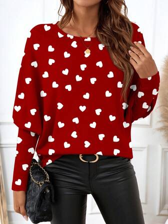 EMERY ROSE Casual Minimalist Women's Cute & Romantic Valentine's Day Heart Print T-Shirt, Suitable For Family Wear, Work Commute, Party, Chic For Outings Carnival