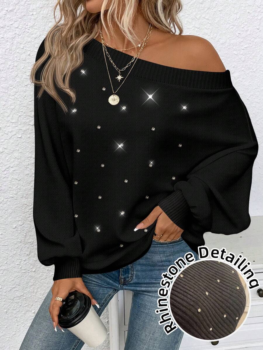 EMERY ROSE 休闲简约风水钻装饰黑色露肩毛衣，适合秋冬季穿着 - 彩色 - 查看 1