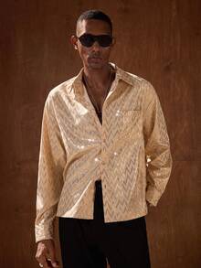 AKNOTIC Men's Turn-Down Collar Single-Breasted Wavy Foil Casual/Business Long Sleeve Shirt Mens Champagne Shirt Bruno Mars Jackpot Mens Sparkly Shirt Sumwon Mens Sequin Shirt Mens Gold Shirt Disco Shirt Men - Gold - View 6