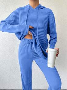 EURMUSE Cotton Women's Drawstring Hooded T-Shirt And Pants Set - Dusty Blue - View 6