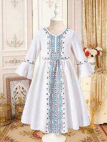 Young Girl' Traditional Cute Minimalist Round Neck Long Sleeve Pleated Dress, Suitable For Holidays, Spring/Summer - White - View 4