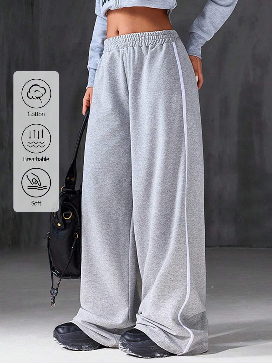 CasuGlow 女式纯色侧条纹阔腿休闲运动裤 - 灰色 - 查看 1