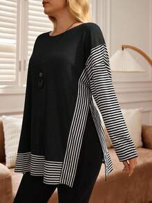 EMERY ROSE Plus Size Striped Patchwork Round Neck Drop Shoulder Side Slit Long Sleeve T-Shirt - Black - View 5
