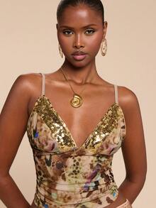 SHEIN BAE Leopard Tie Dye Pattern Beaded Collar Camisole Top, Vacation Wear, Sexy Top,, Music Festivals Top,Summer Tops,Carnival Women ,Elegant Women's Blouses,Vacation Outfits Women,Y2K Tops, Sequin Top