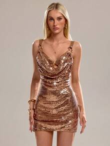 SHEIN ICON 女士纯色亮片深V领性感吊带迷你连衣裙 - 香檳色 - 查看 4