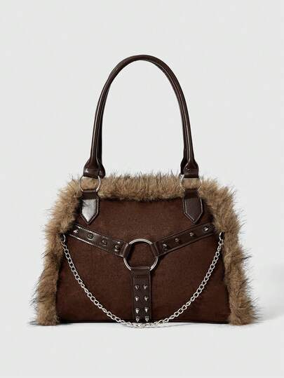 Grunge Punk Bolso de hombro para mujer, bolso de ante, bolso marrón, peluche, bolso de peluche, bolso vintage, remache punk biker, accesorio colgante, bolso de trabajo para mujer, de moda, personalidad, simple, versátil, calle, chicas calientes, Y2k, oficina, cita, casual, diario, compras, té de la tarde, retro, adolescentes, otoño e invierno