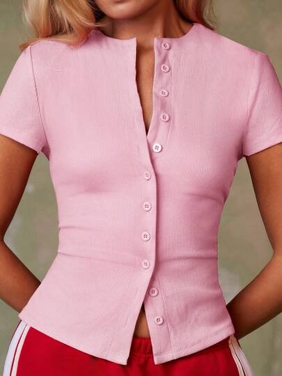 Athîral Women's Pink Casual Everyday Commute Solid Color Ribbed Knit Single-Breasted Slim Fit T-Shirt, Soft And Comfortable Stretch Knit Fabric, Fitted Style, Pink Top,Valentine Outfits For Women,Valentine Clothes,Valentine's Day Outfit,Birthday Outfits For Women,Going Out Tops For Women,Casual Blouses For Women,Summer Outfits For Women,Spring Outfit Women