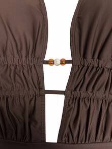 Swim Chiccia Women's Summer New Solid Color Halter Tie Backless Ruched One-Piece Swimsuit - Brown - View 5