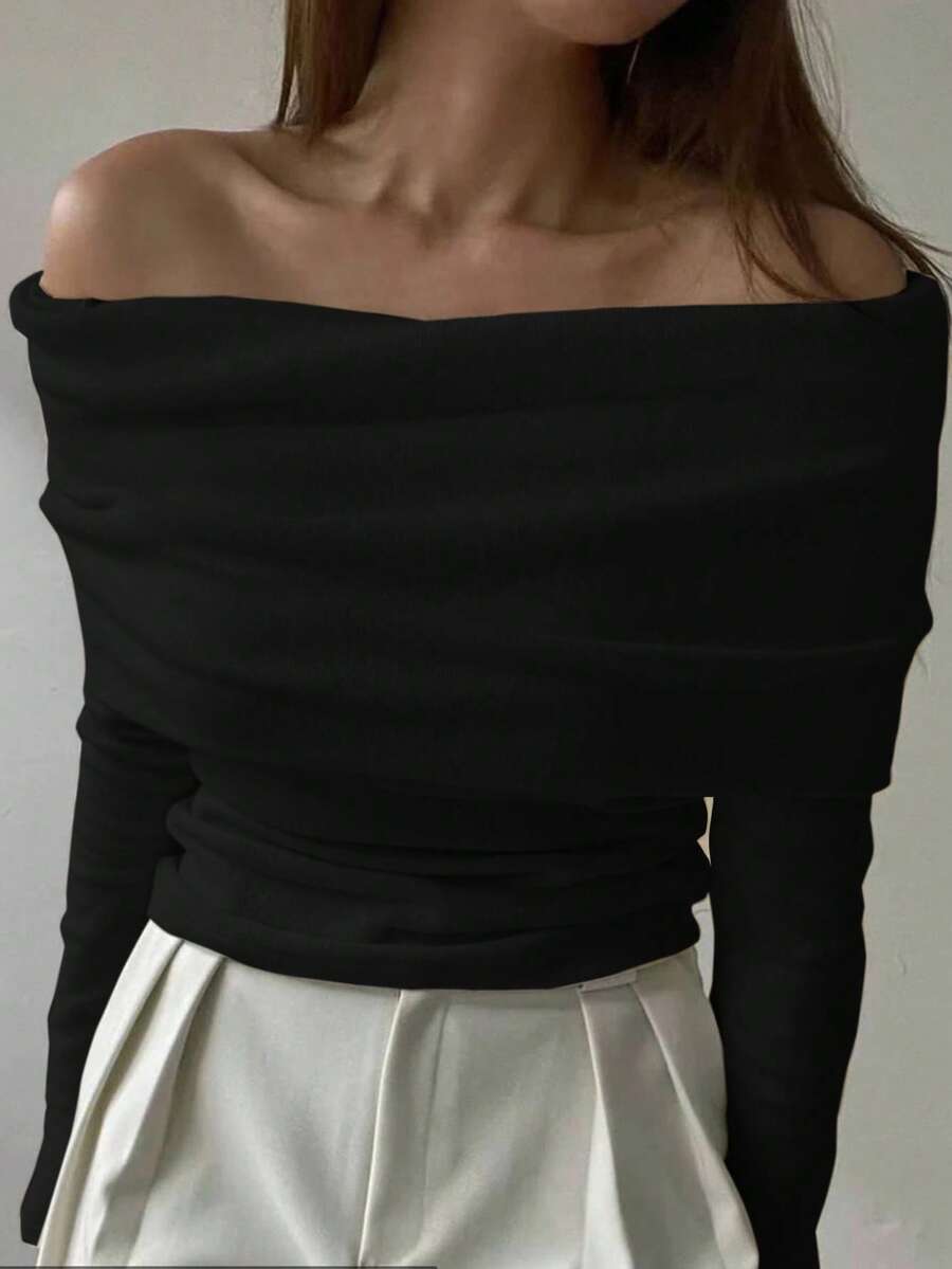 DAZY Women's Off Shoulder Fitted T-Shirt, Autumn/Winter New Arrival Long Sleeve - Black - View 1
