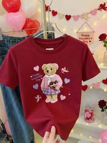 Camiseta de algodón para mujer con estampado de oso de peluche con corazón y texto Happy Valentine's Day ideal para fiestas románticas y celebraciones del Día de San Valentín - Burdeos - Ver 11