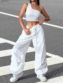 SHEIN EZwear 單肩短款上衣和腰部抽繩側翻蓋口袋工裝褲