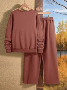 Rusticease Plus Size Casual Solid Color Sweatshirt And Sweatpants 2 Pieces Set, Autumn/Winter/Summer/Spring/Vacation - Rust Brown - View 2