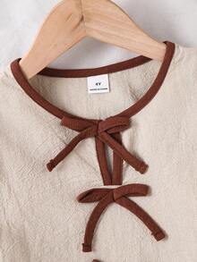 SHEIN 杏色女童娃娃连衣裙，棕色蝴蝶结装饰前领口时尚上衣 - 彩色 - 查看 5