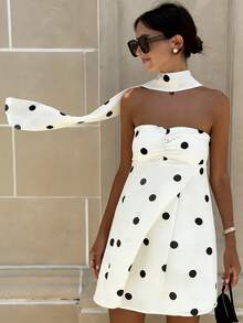 Cévolie 法式复古波点无肩带系腰短裙 - 黑與白 - 查看 5