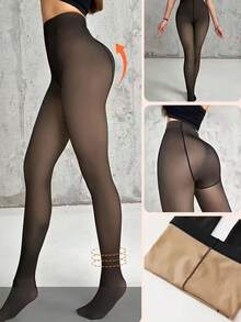 Set de 2 medias afelpadas para mujer, multicolor, tela de nailon y spandex, aptas temporadas de otoño e invierno. Silueta ajustada con elástico alto para resaltar mejor tu figura. Suaves, cómodas y cálidas, interior forrado, ajuste de cintura alto con control abdominal. Sin afelpado en la zona del pie. Te llegarán 2 medias afelpadas en colores al azar. - Multicolor - Ver 4