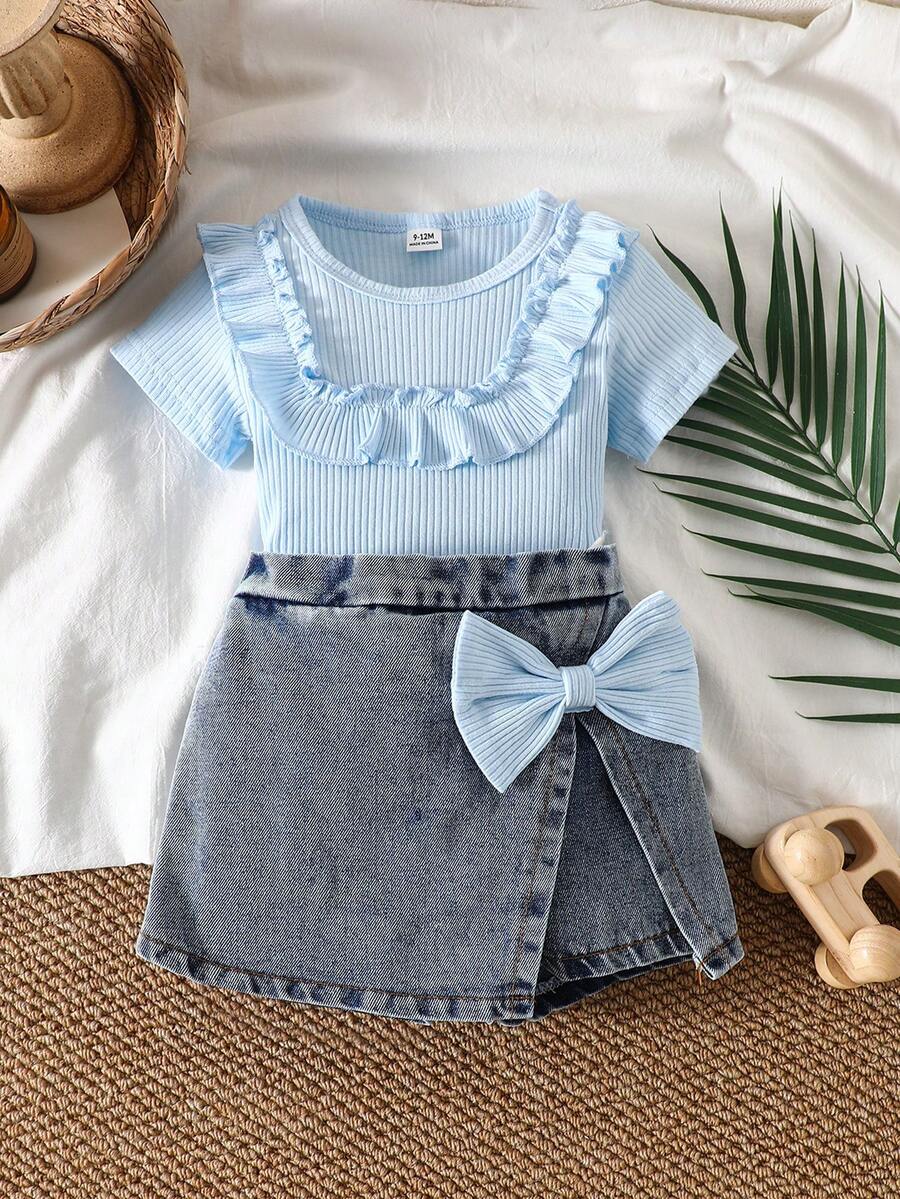 SHEIN Vintaside Kids 2pcs/Set,Baby Girl Spring&Summer Casual Style,Solid Color Short Sleeves T-Shirt&Shorts - Blue - View 1