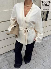 Siren Gaze 100% Cotton Cinched Waist Metal Buckle Long Sleeve Shirt,Soft&Skin-Friendly Beige Kimono Blouse,Autumn Chic Brunch Elegant Ladies Bell Sleeve Top - Apricot - View 3