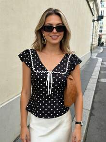 Pariaura 2026新款女士波点衬衫，荷叶边泡泡袖，撞色拼接，前领蝴蝶结，波浪形缎带饰边，拉链闭合，休闲办公通勤度假简约衬衫 - 黑色 - 查看 5