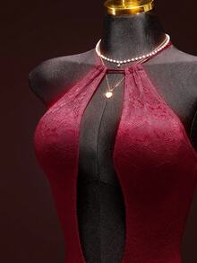 SHEIN ICON Women's Fashionable Hollow Neck Backless Bubble Hem Formal Burgundy Wedding Birthday Party Sexy Vacation Valentine's Day Date Nigh Mini Dress, Summer Red Satin Dress - Burgundy - View 4