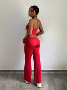 StreetHx 两件套街头风女装字母印花抹胸上衣和低腰长裤套装 - 紅色 - 查看 2