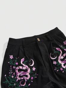 ROMWE Goth Quần short nữ kiểu cổ điển thêu họa tiết dây leo bí ẩn, hình ngôi sao, mặt trăng và rắn. - màu đen - Xem 3