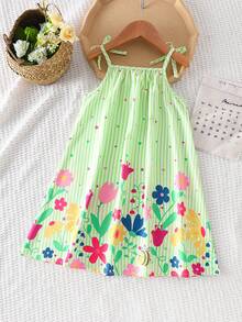 SHEIN Genkimix Kids 女童碎花休闲/假日吊带A字连衣裙 - 薄荷綠 - 查看 2