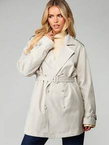 MISSGUIDED Manteau trench classique à double boutonnage avec ceinture et larges revers pour la tenue extérieure d'automne et d'hiver - Kaki - Voir 1